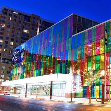 Exterior view of the colorful windows of the Montreal Convention Center